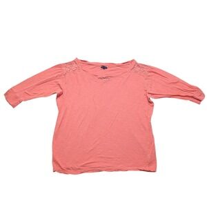 American Eagle Top Womens Large Coral Pink Crochet Lace 3/4 Sleeve Scoop Neck
